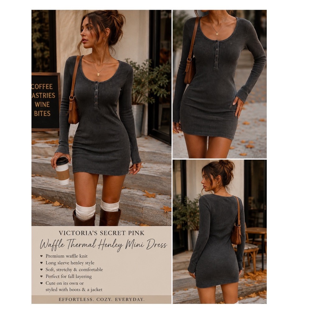 Victorias Secret PINK Waffle Thermal Henley Mini Dress Charcoal Grey Long Sleeve